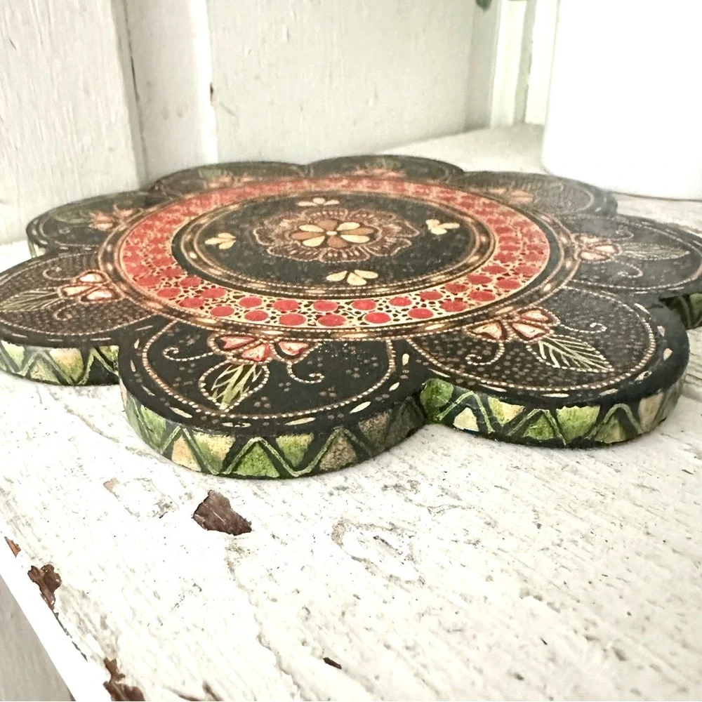 Pier 1 Hand Painted Wooden Trivet Pot Holders Mandala Dot Bohemian Flower Tray